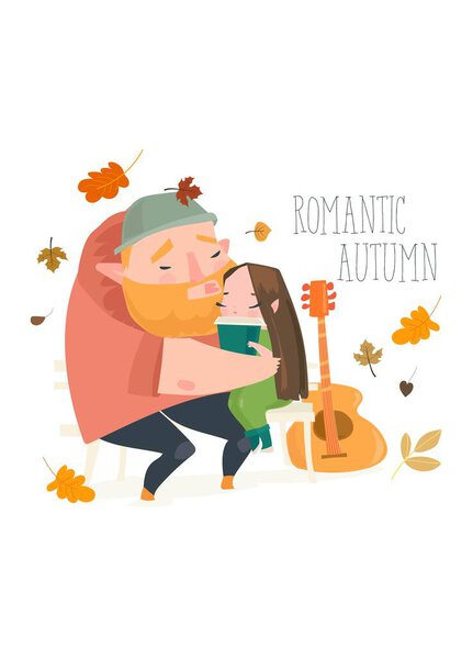 Couple embracing on bench and drink coffee. Vector isolated illustration