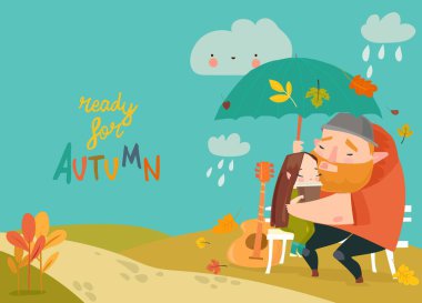 Çift bankta kucaklaşıyor ve şemsiye altında kahve içiyor. Vektör illüstrasyonu