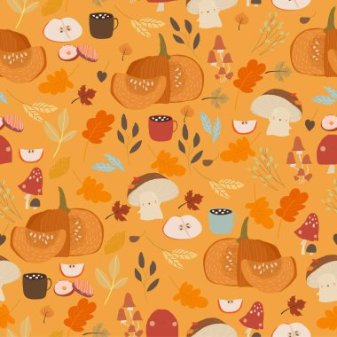 Sonbahar Bitkileri ve Kupalarıyla Kusursuz Vektör Deseni