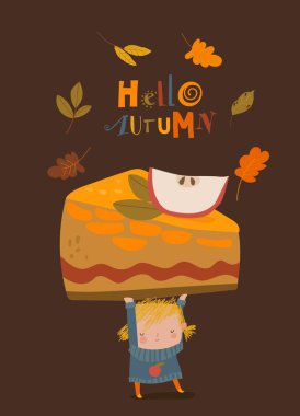 Şirin Küçük Kız, Büyük Elmalı Turta 'yı tutuyor. Vektör İllüstrasyonu