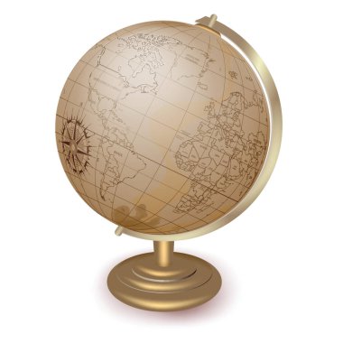 Antika Dünya Küresi, Klasik Vintage Globe kopyası stantta, vektör resmi beyaz arkaplanda