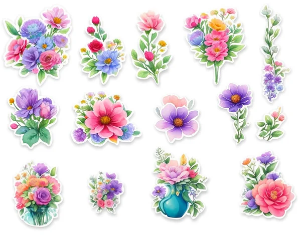 Set of Sticker, Element A detailed watercolor illustration a print of vivid Bouquet of flowers to decorate page isolated background
