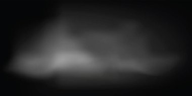 Sis, duman, yerdeki beyaz sis bulutları, yerdeki sabah sisi ya da su yüzeyindeki vektör siyah arkaplanda izole.