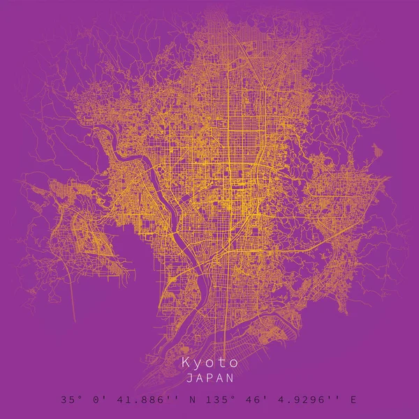 교토시 도로지도 상세한 거리와 일본의 인쇄지도 가정이나 사무실을위한 고품질 포스터 — 스톡 벡터
