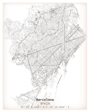 Barselona Şehri Şehir Sokakları Yol Haritası, Barselona İspanya 'nın detaylı sokak haritası, ev veya ofis için yüksek kaliteli basılabilir poster tablosu.