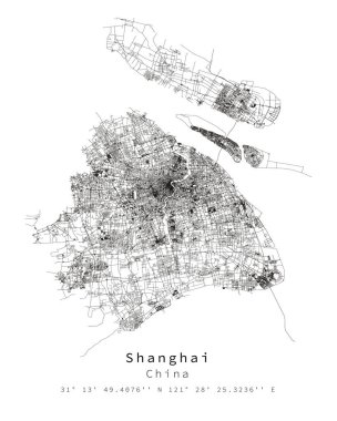 Şangay, Çin Şehir Detaylı Sokaklar Yol Haritası, pazarlama, dijital ürün, duvar sanatı ve poster baskıları için vektör element resmi.