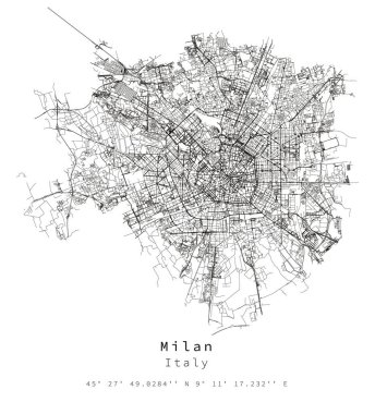 Milan İtalya Şehir Detaylı Sokaklar Yol Haritası, pazarlama, dijital ürün, duvar sanatı ve poster baskıları için vektör element görüntüsü.