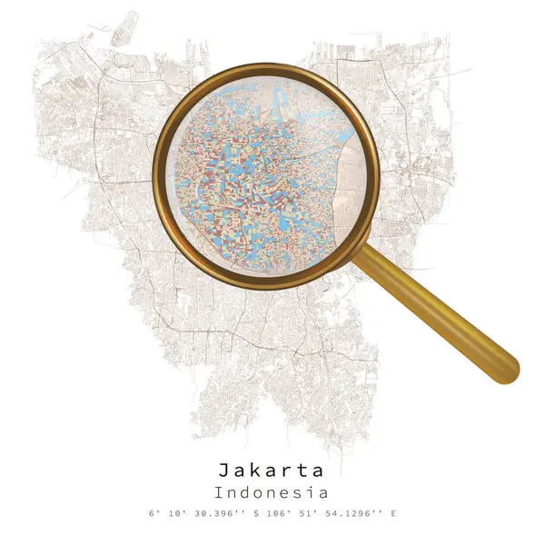 Jakarta Indonesia Urban Detail Streets Roads Color Map Magnifying Glass — ストックベクタ