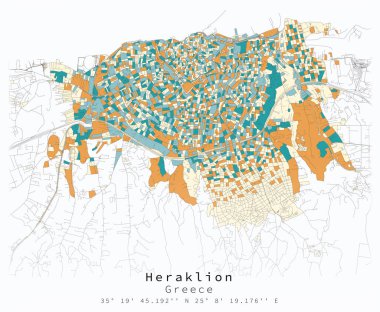 Heraklion, Yunanistan, Şehir Merkezi, Şehir Detaylı Sokakları Yollar renk haritası, pazarlama, ürün, duvar sanatı ve poster baskıları için vektör element şablonu resmi.