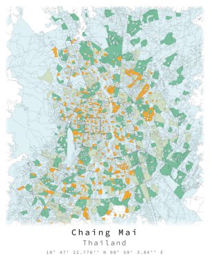 Chaing Mai, Tayland, şehir merkezi, Şehir Detaylı Sokaklar Yol renk haritası, pazarlama, ürün, duvar sanatı ve poster baskıları için vektör element şablonu resmi.