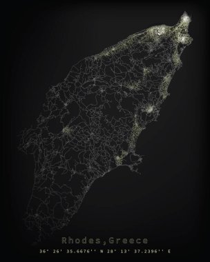 Rodos, Yunanistan, sokak lambaları haritası. Geceleri modern şehrin uydu görüntüsü. Yol ağındaki hava görüntüsünün kopyası. vektör resmi