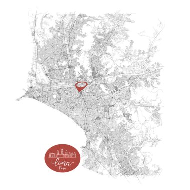 Lima 'nın başkenti Peru, Urban Streets Roads Haritası şehir merkezinin lokasyon şifresi, illüstrasyon vektör elemanı 