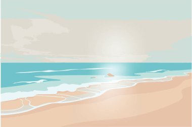 Pastel renkli bir plajın ve yumuşak, eğimli bir gökyüzünün altında, huzurlu bir yaz arkaplanı için mükemmel bir minimalist düz tasarım vektör manzarası..