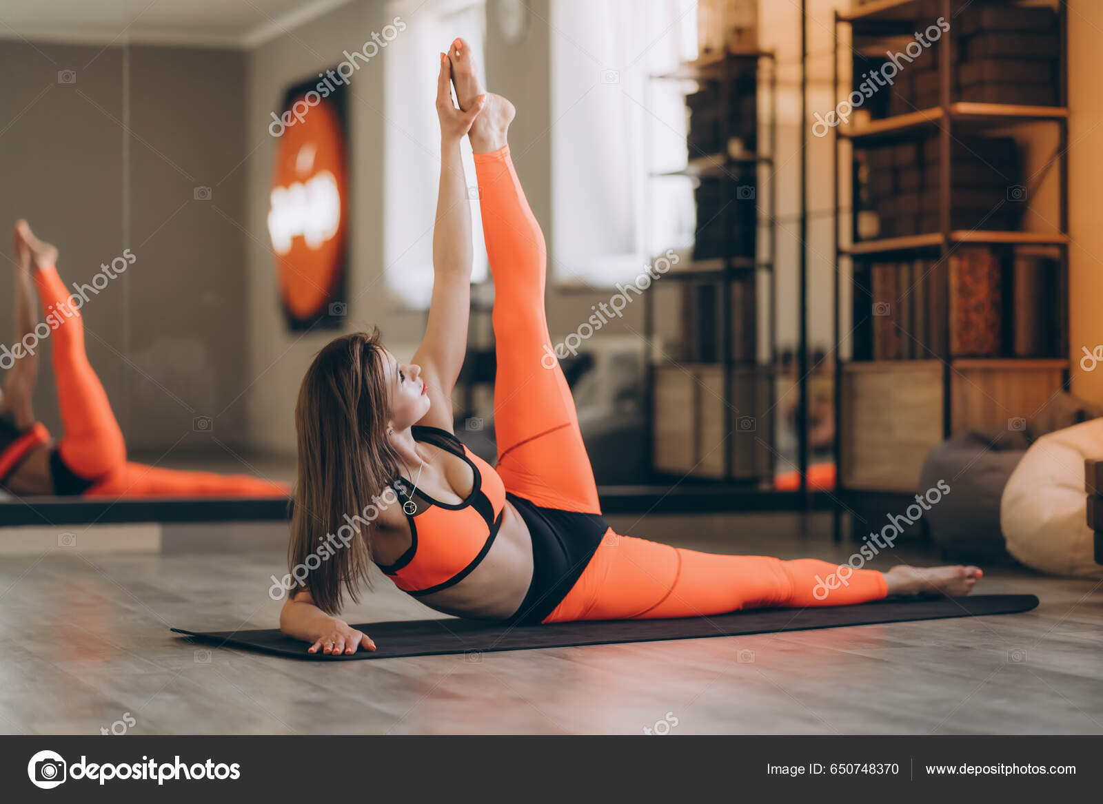 Side View European Woman Bright Sportswear Performing Yoga