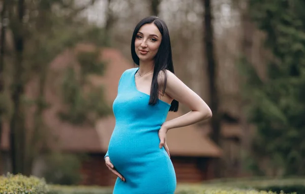 Krásná Těhotná Žena Parku Modrých Šatech Dívá Kamery Pózování — Stock fotografie