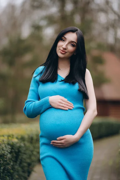 Una Hermosa Embarazada Parque Vistiendo Vestido Azul Ella Mira Cámara —  Fotos de Stock