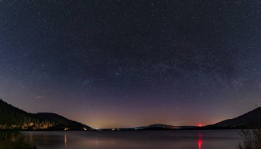 İngiliz Göl Bölgesi 'ndeki Bassenthwaite gölüne bakan panoramik bir gece manzarası.