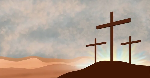 He is risen - View Of Three Crosses. Resurrection Of Jesus Christ. Christian Easter background with Copy space.
