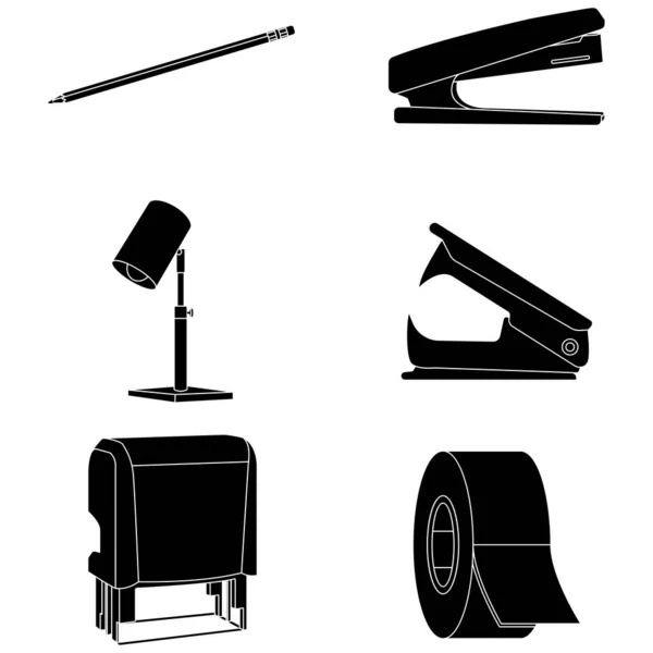 Set Von Silhouetten Verschiedener Symbole Für Bürobedarf Vektor Illustration — Stockvektor