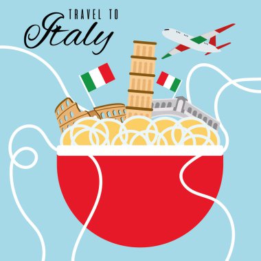 İzole edilmiş İtalyan makarna kasesi ile ünlü tarihi eser İtalya seyahat kartı illüstrasyonları