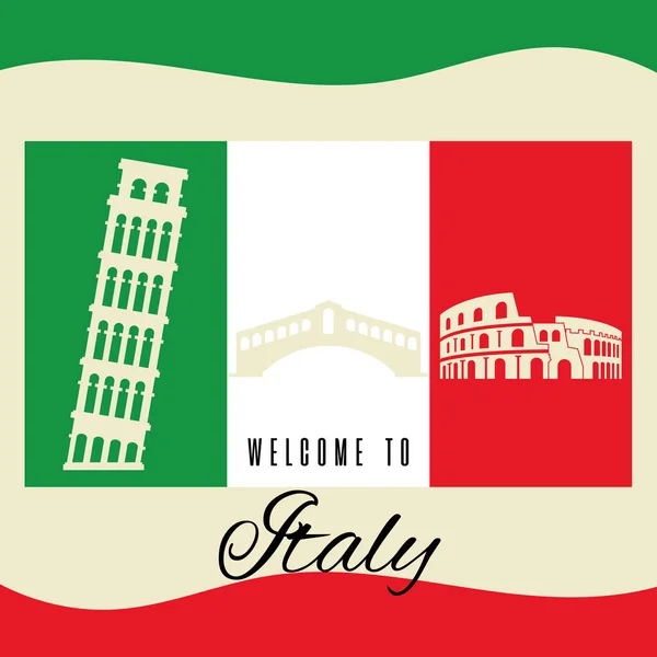 Bandeira Itália Com Silhueta Marcos Famosos Itália Viagem Cartão Postal —  Vetores de Stock