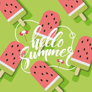 Merhaba, karpuz lolipoplar vektör illüstrasyonlu yaz konsepti.