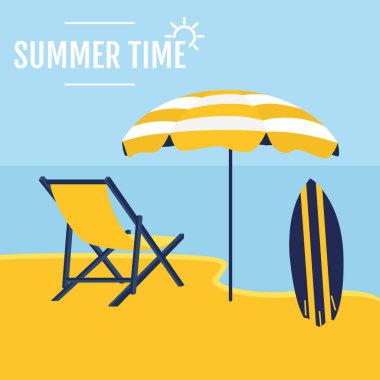 Şemsiyeli ve sörf tahtası illüstrasyonlu plaj manzarası