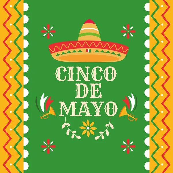 Cartel Color Cinco Mayo Con Sombrero Mexicano Trompetas Vector Ilustración — Vector de stock