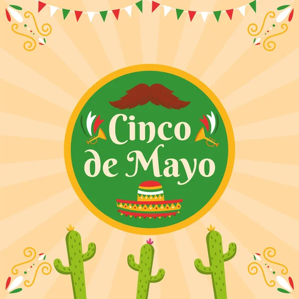 Etiqueta Cinco Mayo Coloreada Con Bigote Trompetas Ilustración Vectorial — Archivo Imágenes Vectoriales