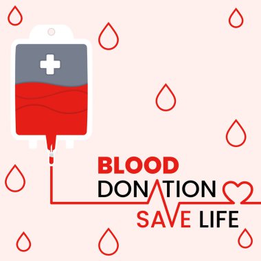 Kan bağışı konsepti posteri. Kırmızı kan torbası ve metin vektörü illüstrasyonu.