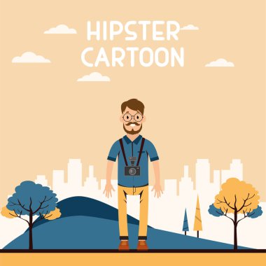 Şehir manzaralı mutlu hispter karakteri Vektör illüstrasyonu