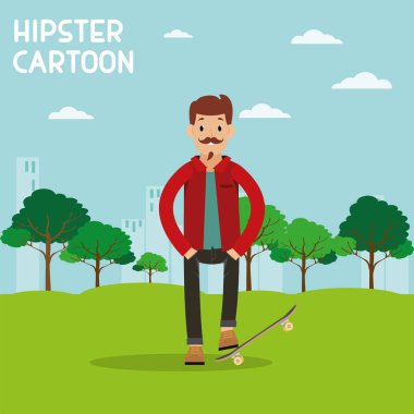 Parktaki Vektör illüstrasyonunda kaykaylı mutlu renkli hipster karakteri