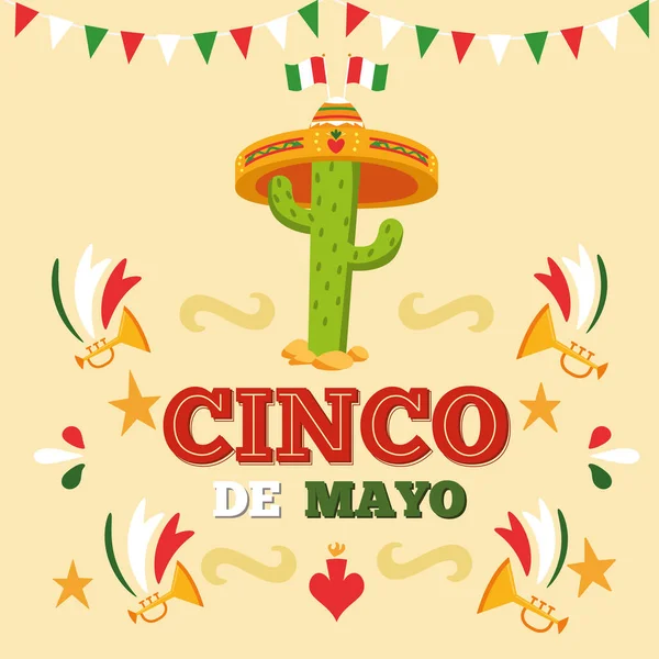 Cartaz Colorido Celebração Cinco Maionese Cacto Com Chapéu Tradicional Ilustração —  Vetores de Stock