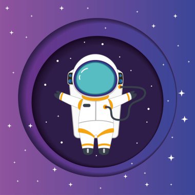 Uzay kâğıdı resim çizimi üzerinde uçan yalıtılmış sevimli astronot karakteri