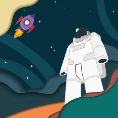 Ay 'daki sevimli astronot karakteri Kağıt Sanatı Vektör illüstrasyonu