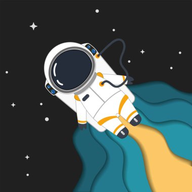 Uzay kâğıdı resim çizimi üzerinde uçan yalıtılmış sevimli astronot karakteri
