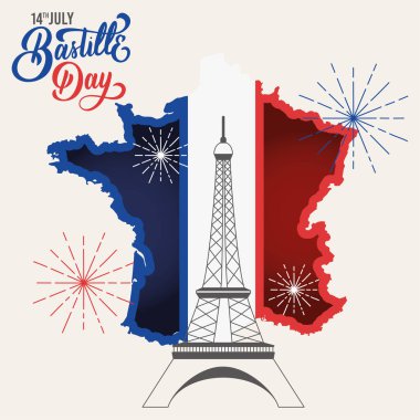 Colored bastille day template with landmark and french map Vector illustration clipart