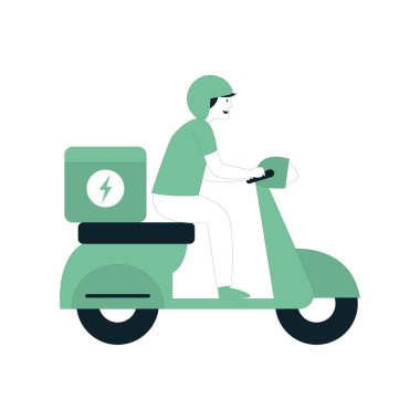 Motosiklet taşıyıcı illüstrasyonundaki izole teslimatçı karakter.