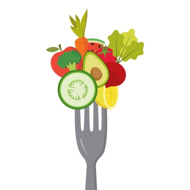Farklı meyve ve sebzelerle izole edilmiş çatal Vektör çizimi