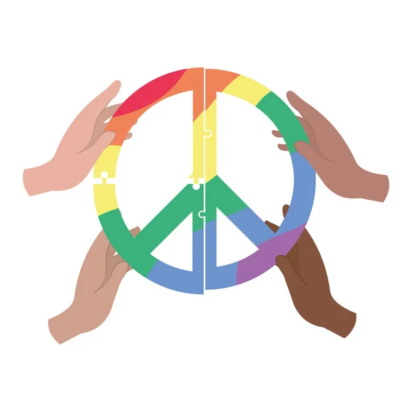 Group Hands Holding Lgbt Pride Peace Symbol Vector Illustration — Stock Vector
