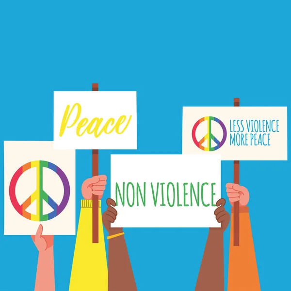 Grupo Mãos Protesto Com Cartazes Peace Lgbt Concept Ilustração Vetorial — Vetor de Stock