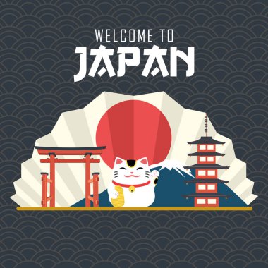 Japon simgeleri ve geleneksel kedi Japonya poster illüstrasyonu