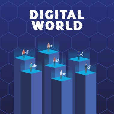 Dijital dünya konsepti posteri İnternet simgeleri olan insanlar Vektör illüstrasyonu