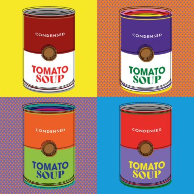 Farklı domates çorbası, pop sanat tarzı komik vektör illüstrasyonu.