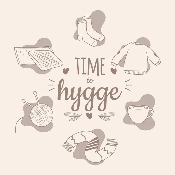stock vector Time to hygge concept template with winter seasonal items Vector illustration
