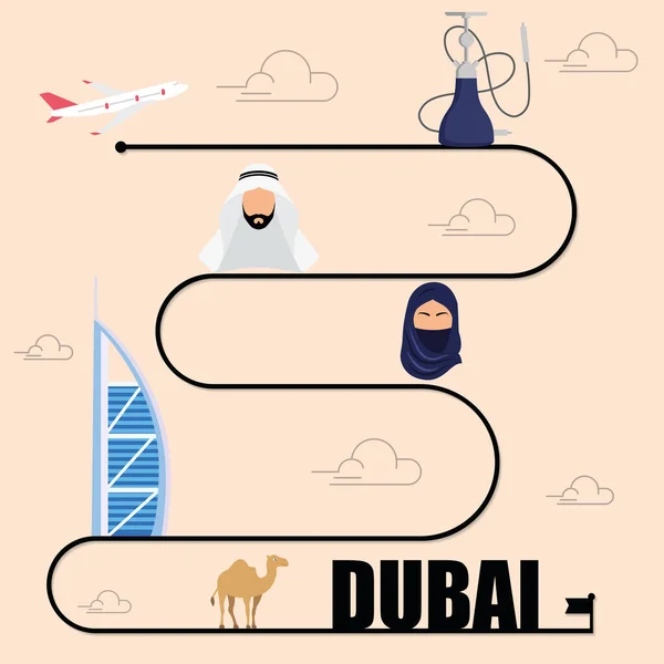 Avião Com Uma Viagem Dubai Com Pessoas Tradicionais Marcos Ilustração —  Vetores de Stock