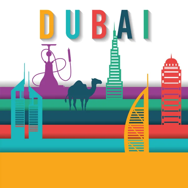 Σιλουέτα Διάσημα Αξιοθέατα Του Ντουμπάι Και Μια Καμήλα Vector Εικονογράφηση — Διανυσματικό Αρχείο