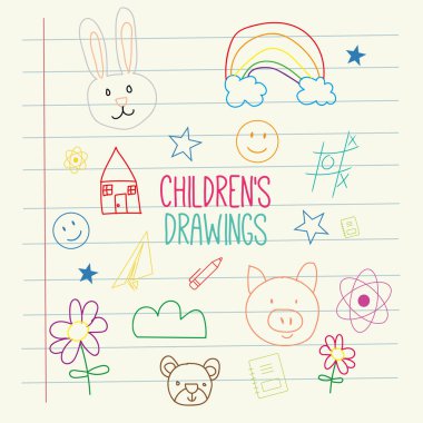 Renkli çocuk çizimleri ve karalamaları olan bir kağıt.