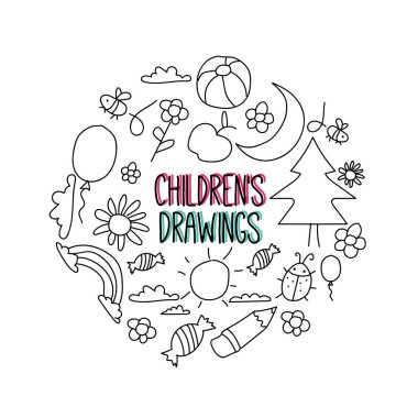 Renkli çocuk çizimleri ve karalamaları olan bir kağıt.