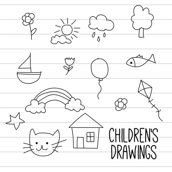 Papier Avec Ensemble Croquis Gribouillis Colorés Pour Enfants Illustration Vectorielle — Image vectorielle